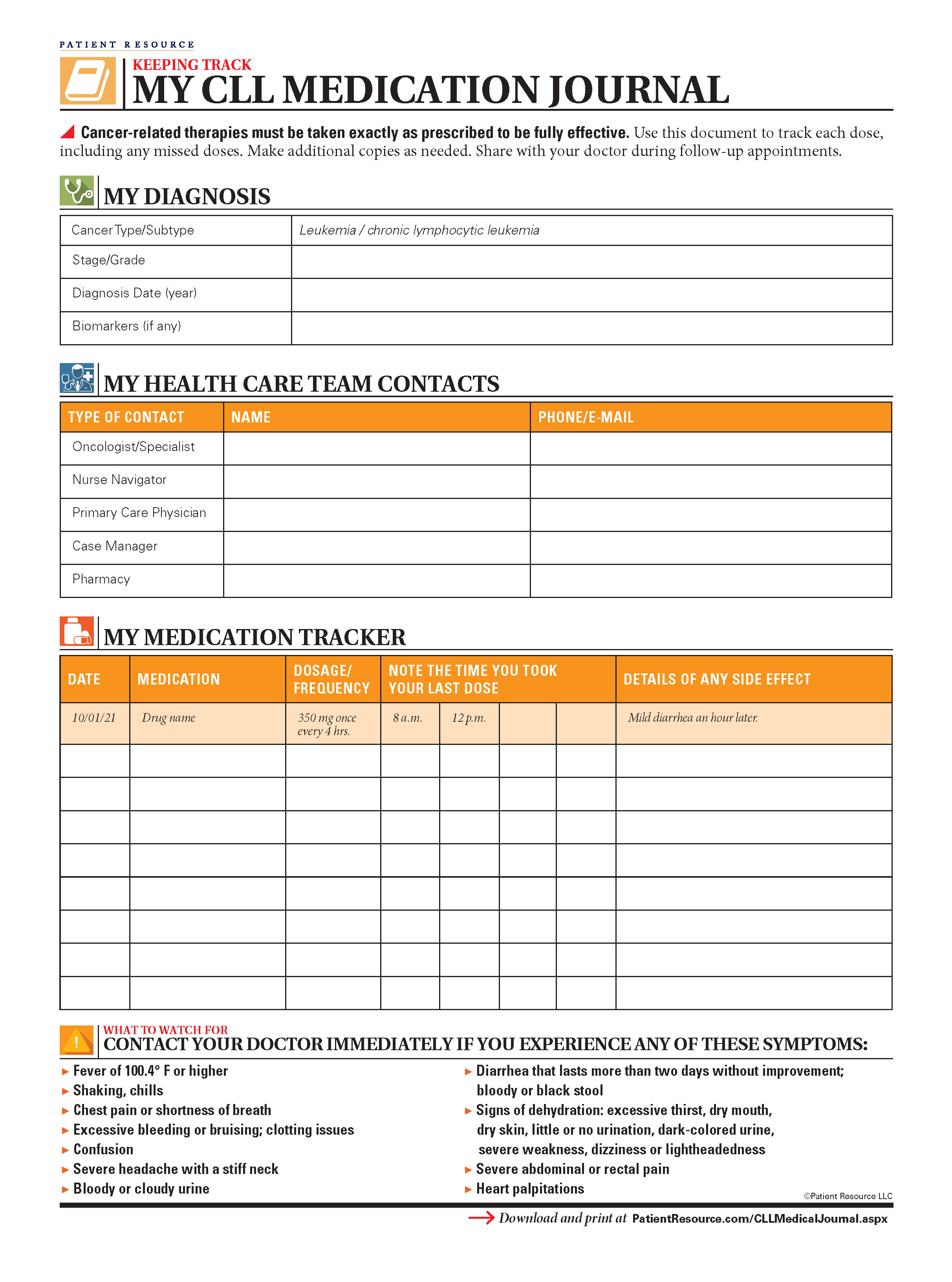 CLL Medication and Test Tracking Forms